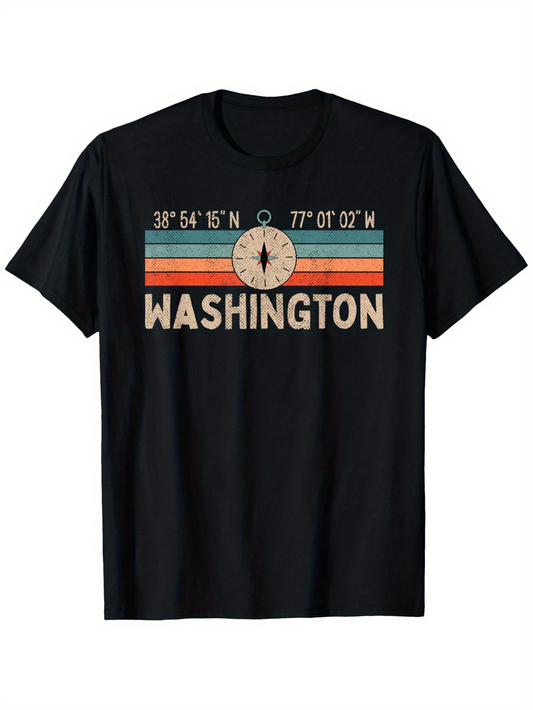 Men's Graphic T-Shirt Vintage Compass With Colorful Striped Bands Over Washington Text