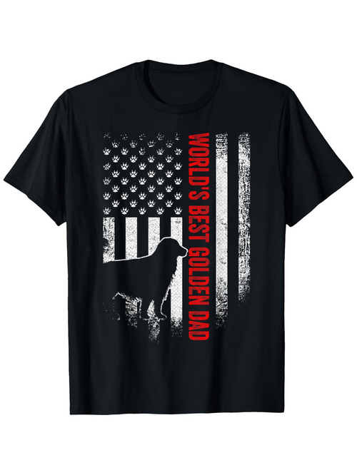Men's Graphic T-Shirt Worlds Best Golden Dad With American Flag Silhouette And Loyal Retriever Dog