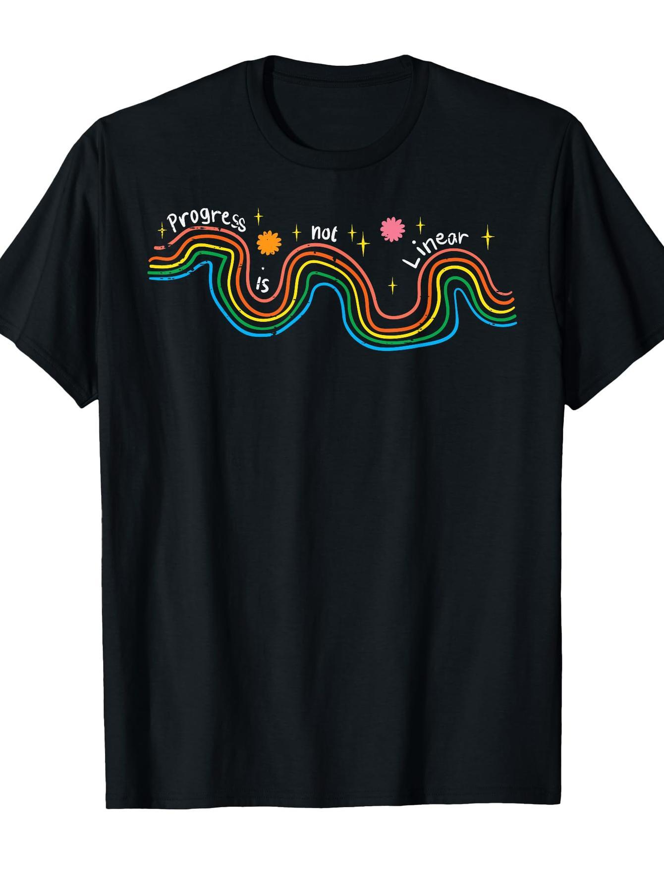 Men's Graphic T-Shirt Progress Is Not Linear With Rainbow Swirls And Colorful Accents Across Waves