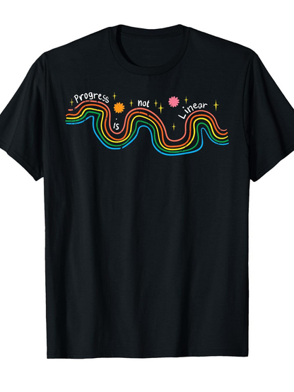 Men's Graphic T-Shirt Progress Is Not Linear With Rainbow Swirls And Colorful Accents Across Waves