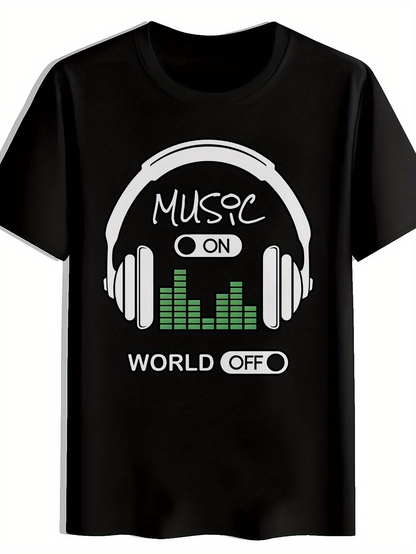 Men's Graphic T-Shirt Music On World Off With Headphones And Vibrant Sound Bars Design