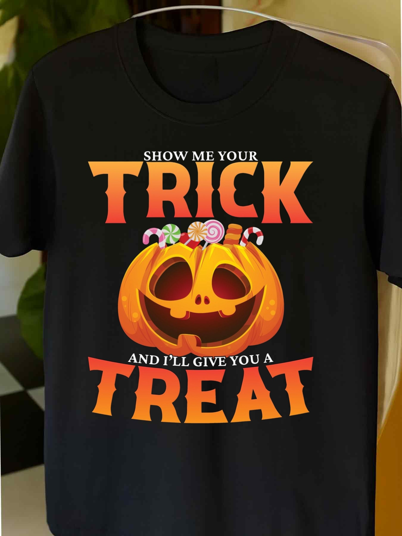 Men's Graphic T-Shirt Show Me Your Trick Candy Filled Pumpkin Jack O Lantern Treat