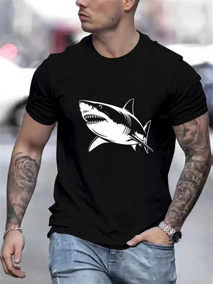 Men's Graphic T-Shirt Bold Urban Street Style Featuring Fierce Shark With Open Jaws Shark