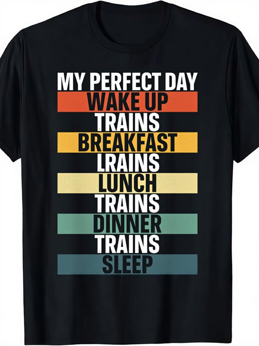 Men's Graphic T-Shirt My Perfect Day Vintage Color Blocks With Bold White Lettering Trains Theme