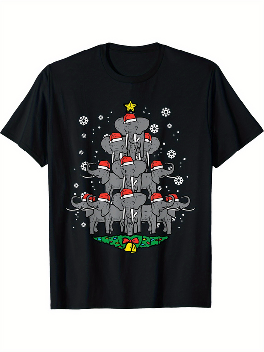 Men's Graphic T-Shirt Playful Winter Snowy Elephants Wearing Festive Red Santa Hats