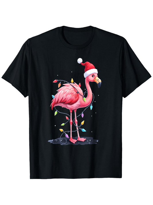 Men's Graphic T-Shirt Festive Holiday Lights With Cheerful Pink Flamingo Wearing Santa Hat Flamingo