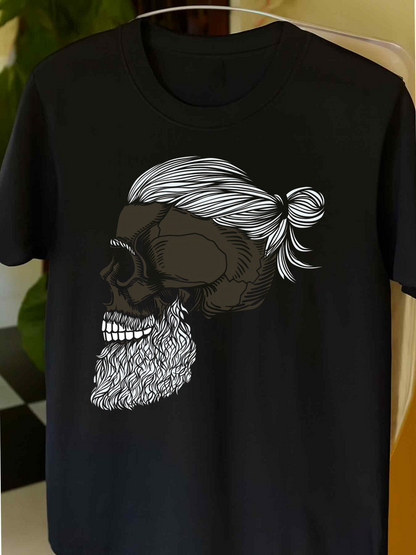 Men's Graphic T-Shirt Hand Drawn Hair And Beard With Skull
