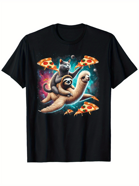 Men's Graphic T-Shirt Cosmic Adventure With Cat And Sloth Riding Through Pizza Slices Space