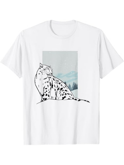 Men's Graphic T-Shirt Monochrome Snowy Landscape With Mountains Behind Graceful Resting Leopard