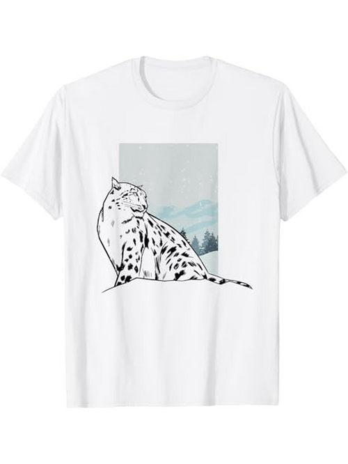 Men's Graphic T-Shirt Monochrome Snowy Landscape With Mountains Behind Graceful Resting Leopard