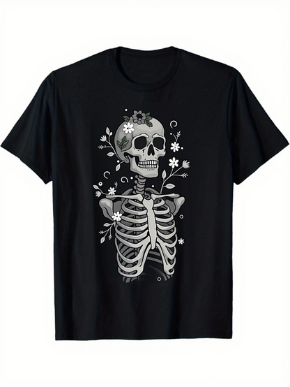 Men's Graphic T-Shirt Botanical Accents With Stylized Ribcage Skeleton Surrounded By Flowers