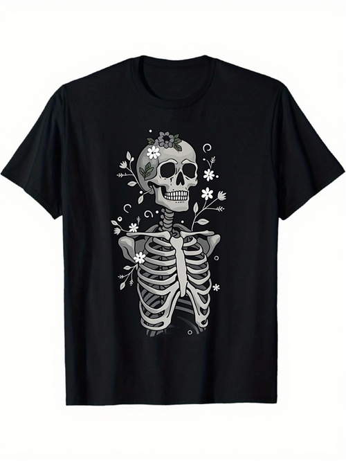 Men's Graphic T-Shirt Botanical Accents With Stylized Ribcage Skeleton Surrounded By Flowers