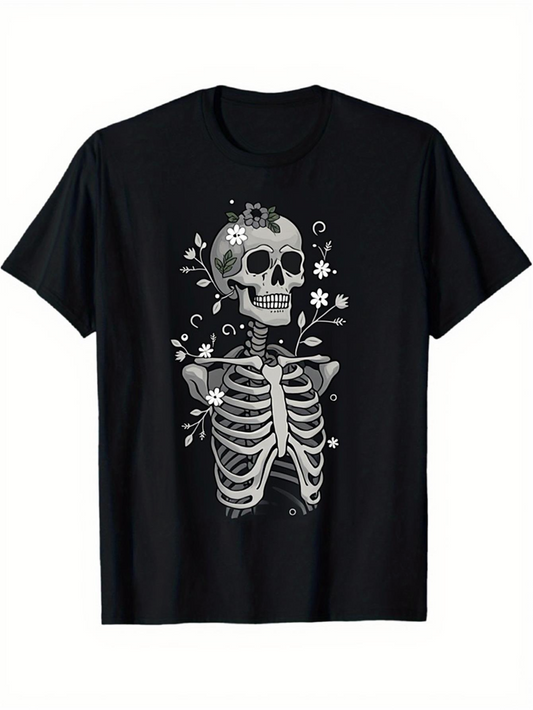 Men's Graphic T-Shirt Botanical Accents With Stylized Ribcage Skeleton Surrounded By Flowers