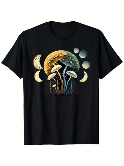 Men's Graphic T-Shirt Surreal Night Sky With Crescent Moons Glowing Around Mystical Mushrooms