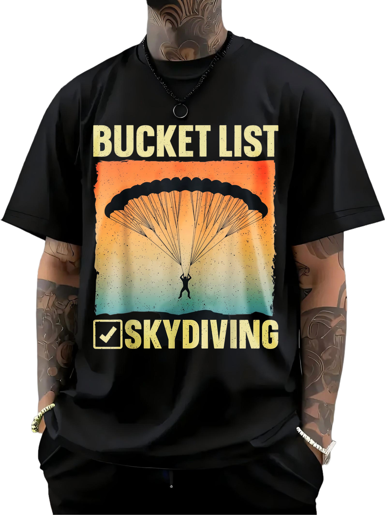 Men's Graphic T-Shirt Bucket List Skydiving Silhouette Against Vibrant Sunset Parachute