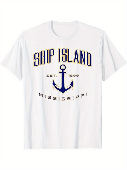Men's Graphic T-Shirt Ship Island Mississippi With Nautical Anchor Centered Under Bold Lettering