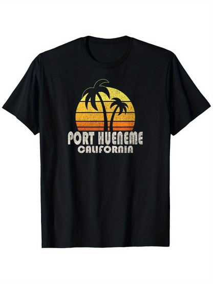 Men's Graphic T-Shirt Port Hueneme California Retro Sunset With Palm Trees Graphic