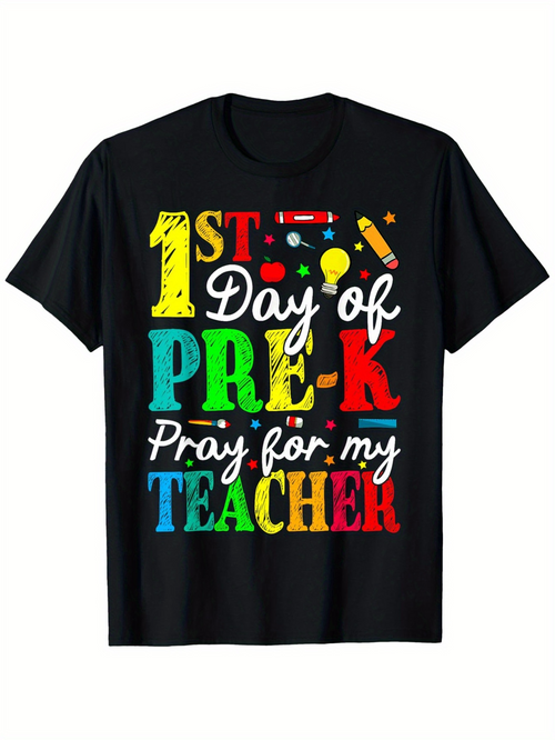 Men's Graphic T-Shirt Colorful First Day Of Pre K School Words On Black T Shirt