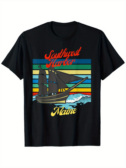 Men's Graphic T-Shirt Southwest Harbor Sunset Stripes With Sailing Ship And Ocean Waves