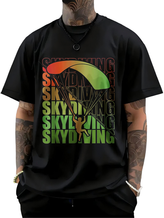 Men's Graphic T-Shirt Colorful Gradient Parachute With Silhouetted Figure Among Repeating Skydiving Letters