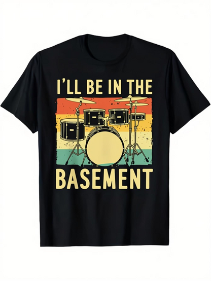 Men's Graphic T-Shirt Ill Be In The Basement Retro Sunset Colors With Drum Kit Graphic Drum Set