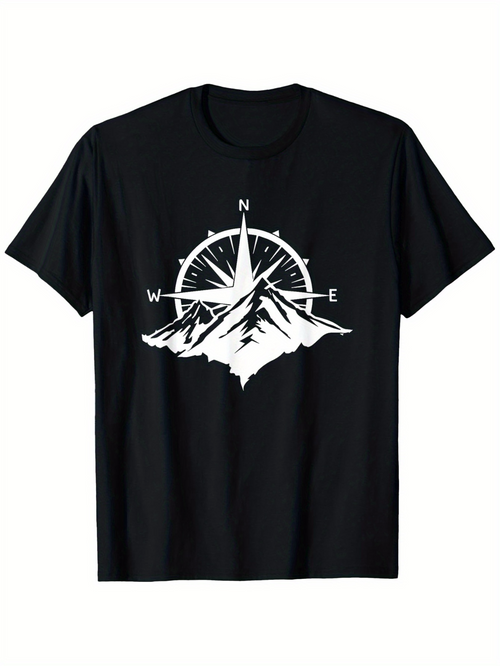 Men's Graphic T-Shirt Compass Points Mountain Range Under Glowing North Star Night Sky