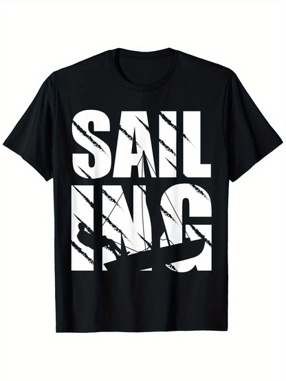 Men's Graphic T-Shirt Bold White Block Letters With Overlapping Sailboat And Abstract Lines Sailing