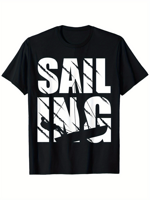 Men's Graphic T-Shirt Bold White Block Letters With Overlapping Sailboat And Abstract Lines Sailing