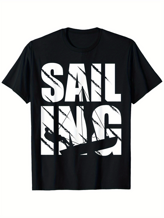Men's Graphic T-Shirt Bold White Block Letters With Overlapping Sailboat And Abstract Lines Sailing