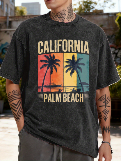 Men's Graphic T-Shirt California Palm Beach Sunset Silhouette With Palm Trees And Ocean View