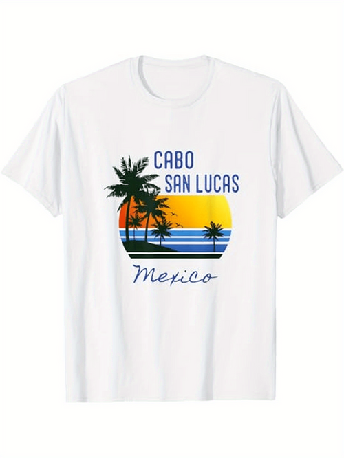 Men's Graphic T-Shirt Cabo San Lucas Mexico Sunset With Silhouetted Palm Trees And Calm Waves Beach