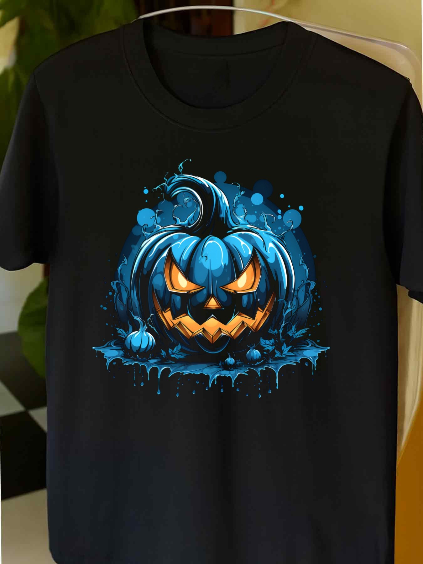 Men's Graphic T-Shirt Moody Blue Swirling Shadows And Glowing Eyes Halloween Pumpkin