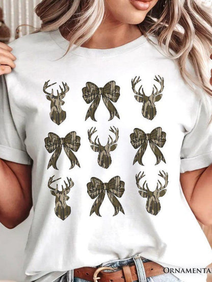 Women's Graphic T-Shirt Camouflage Patterned Bows With Stag Heads Arranged In Symmetry