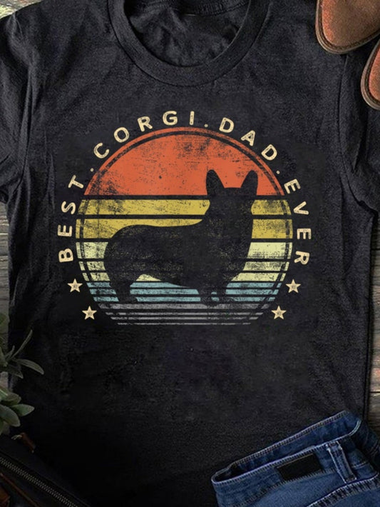 Men's Graphic T-Shirt Best Corgi Dad Ever Vintage Stripe Sunset With Silhouette Of Corgi Dog