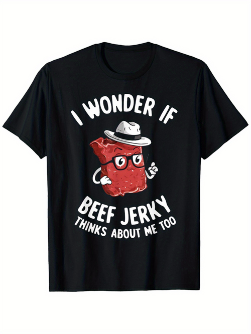Men's Graphic T-Shirt I Wonder If Cartoon Snack With Hat Quirky Fun Beef Jerky