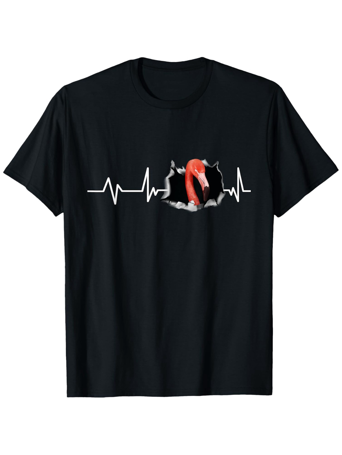 Men's Graphic T-Shirt Heartbeat Line With Pink Flamingo Emerging Through Black Background