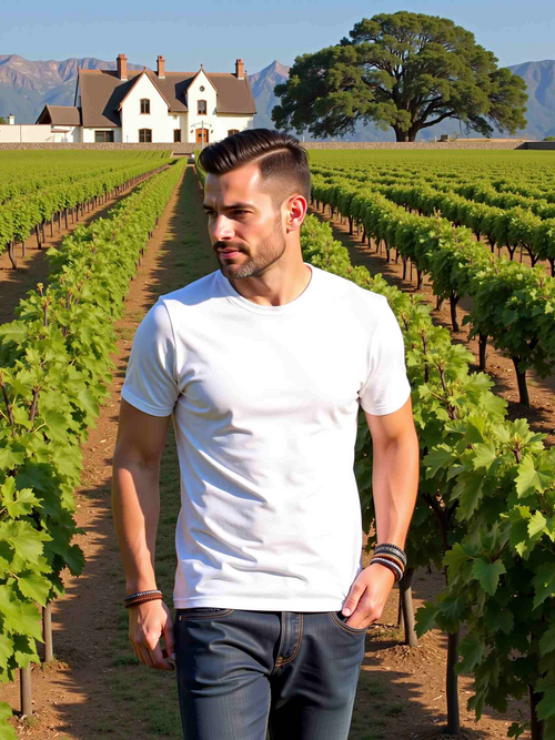 Men's Graphic T-Shirt Tranquil Vineyard Walk Beneath Sunlit Sky Lone Wanderer T Shirt