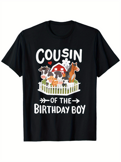 Men's Graphic T-Shirt Cousin Of The Birthday Boy Farm Animals With Fence And Red Barn