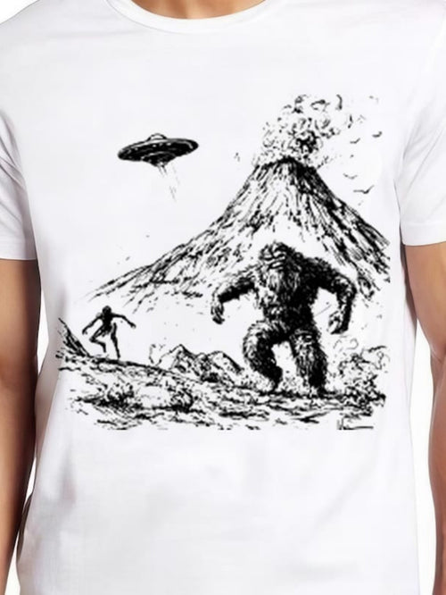 Men's Graphic T-Shirt Alien Spaceship With Erupting Volcano Pursued By Bigfoot Creature