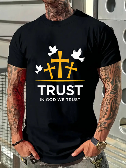 Men's Graphic T-Shirt Trust In God With Three Golden Crosses And Flying Doves