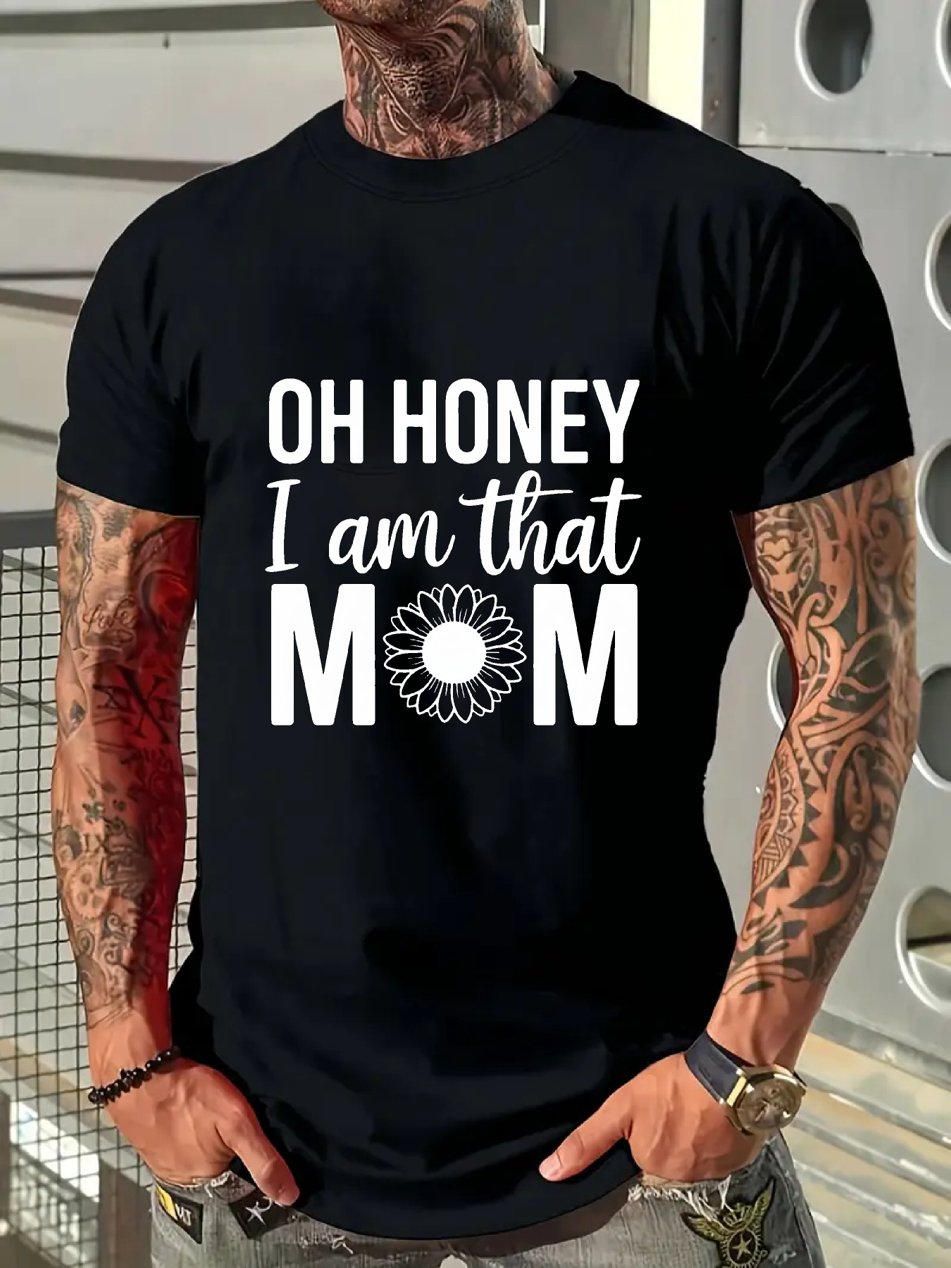 Men's Graphic T-Shirt Oh Honey I Am That Mom With Bold Sunflower Graphic White Letters T Shirt