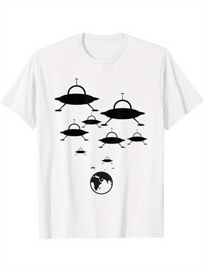 Men's Graphic T-Shirt Ascending Flying Saucers With Silhouettes Above The Small Earth Planet