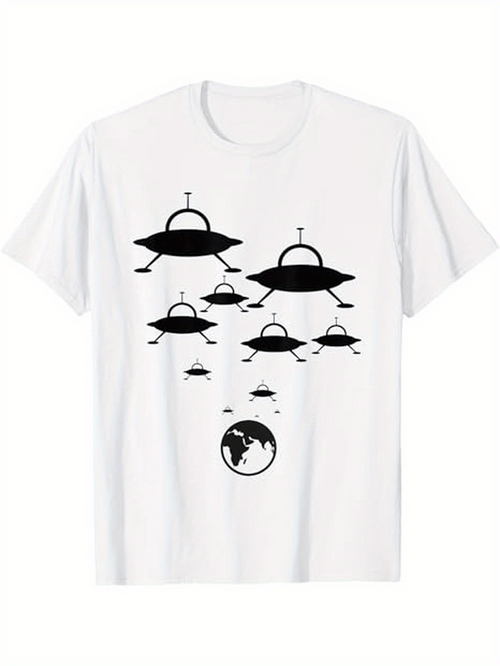 Men's Graphic T-Shirt Ascending Flying Saucers With Silhouettes Above The Small Earth Planet