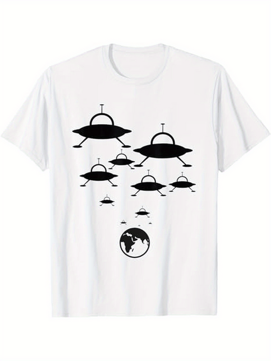 Men's Graphic T-Shirt Ascending Flying Saucers With Silhouettes Above The Small Earth Planet