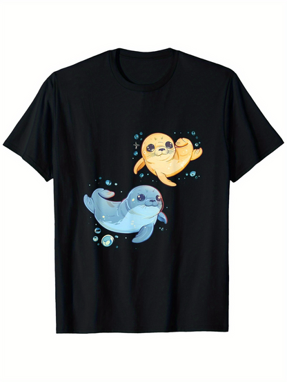 Men's Graphic T-Shirt Playful Cartoon Seals With Floating Bubbles Underwater Scene Seal