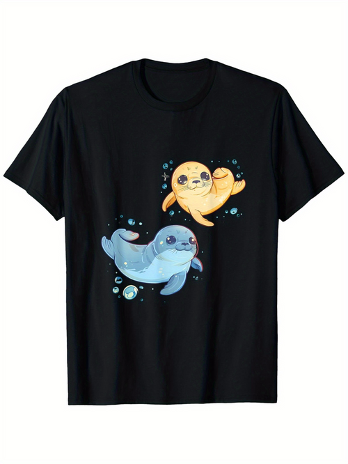 Men's Graphic T-Shirt Playful Cartoon Seals With Floating Bubbles Underwater Scene Seal