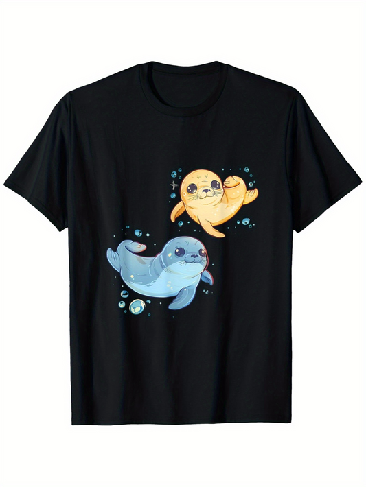 Men's Graphic T-Shirt Playful Cartoon Seals With Floating Bubbles Underwater Scene Seal
