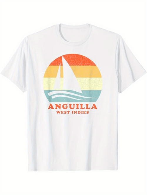 Men's Graphic T-Shirt Anguilla West Indies Retro Striped Ocean Sunset Sailing Boat