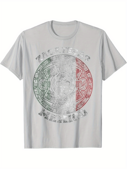 Men's Graphic T-Shirt Traditional Aztec Calendar With Faded Tricolor Distressed Pattern Symbol