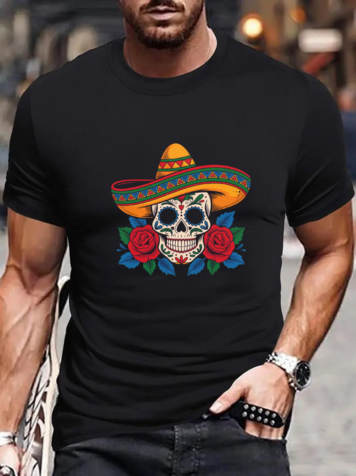 Men's Graphic T-Shirt Vibrant Sombrero With Red Roses And Decorative Day Of The Dead Skull